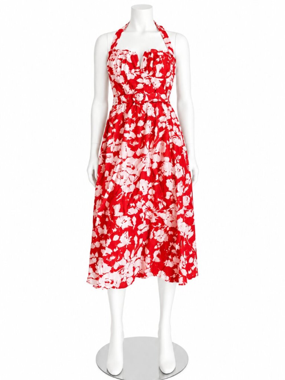 Red White Floral Halter Belted Sweetheart Midi Dress Size L